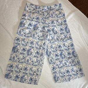 Tropical Blue and White Patterned Pants 100% linen